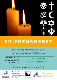 Friedensgebet mit Vertreter*innen aus verschiedenen Religionen am 2.10.2026 um 18 Uhr im Park Lichtenreuth