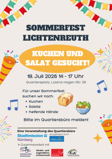 Kuchen und Salate gesucht! Für unser Sommerfest benötigen wir noch Kuchen- und Salatspenden. Bitte im Quartiersbüro melden.