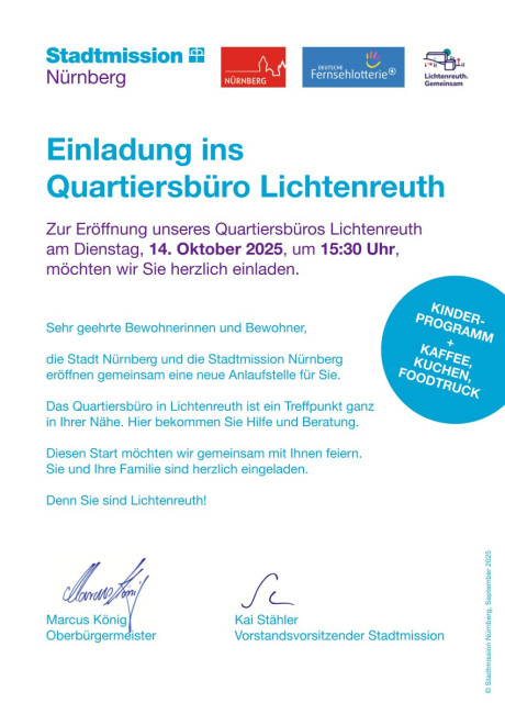 Herzliche Einladung ins Quartiersbüro Lichtenreuth am 14. Oktober um 15.30 Uhr durch Oberbürgermeister Markus König, Kai Stähler für die Stadtmission und Lichtenreuth.Gemeinsam